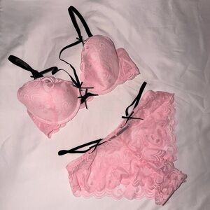 Pink Lace Push-Up Bra & Hipster Brief Set with Black Accents